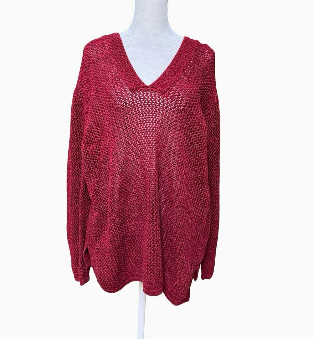 Chico's Red Open-Knit Hooded V-Neck 100% Cotton Pullover Sweater Womens 3